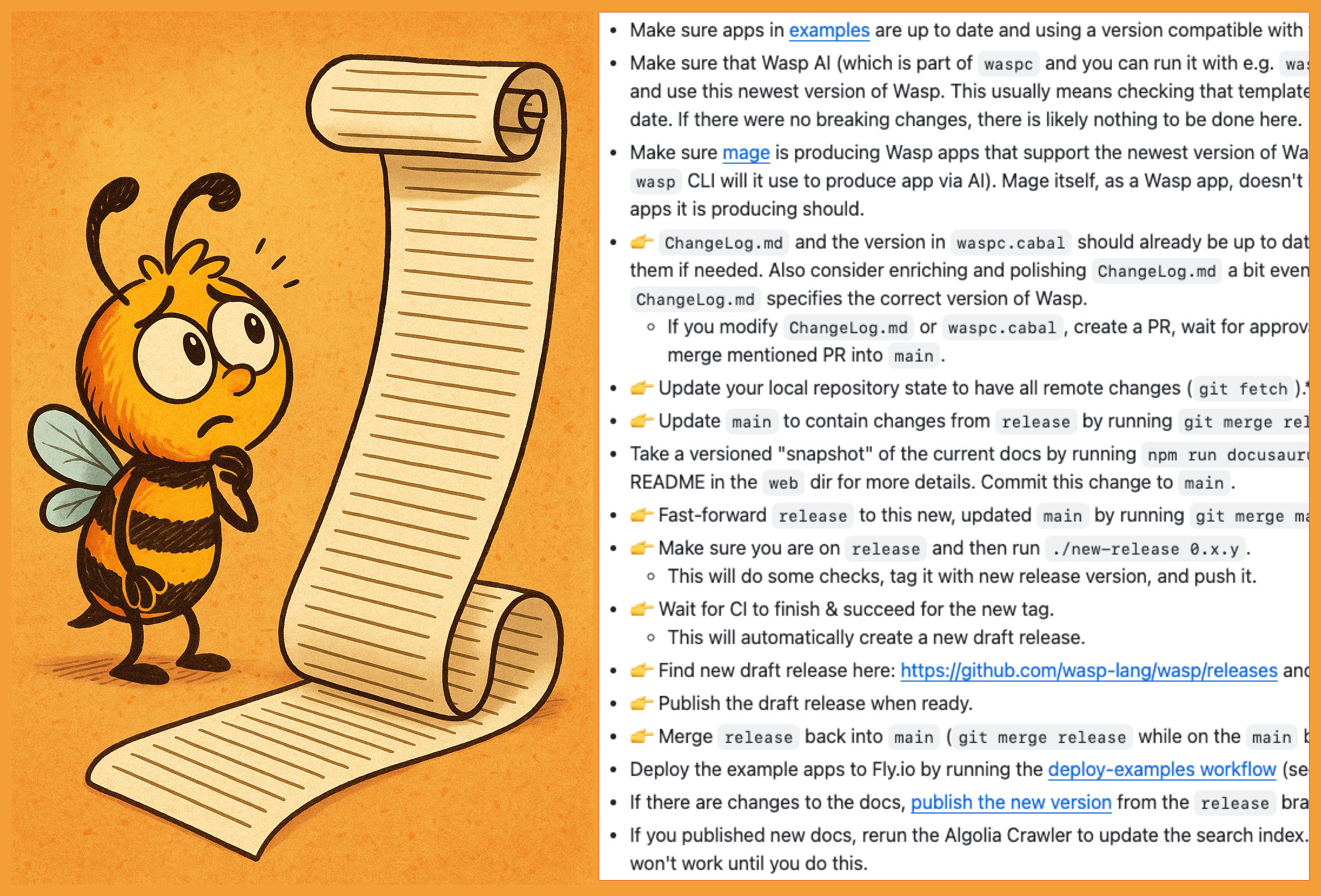 Wasp's mascot, "Da Boi", reading our super long release checklist with steps and sub-steps, with a worried face